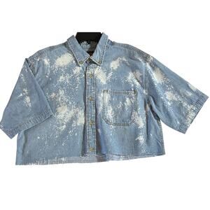 VTG Reworked Blue Bleach Dye Cropped Denim Short Sleeved Button Up Shirt Size M